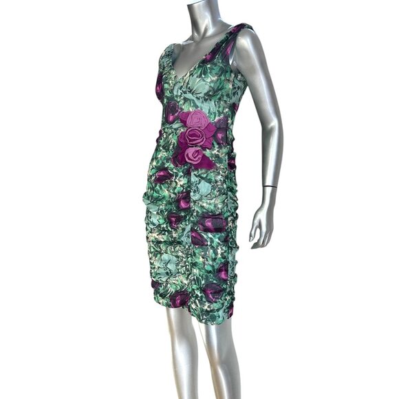 Nanette Lepore Silk Green & Purple Floral Print Sleeveless Dress with Ruching 4 - Picture 2 of 10